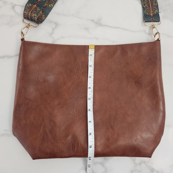 Unisex Dark Brown Tote Bag With Patterned Boho Strap - Picture 9 of 13